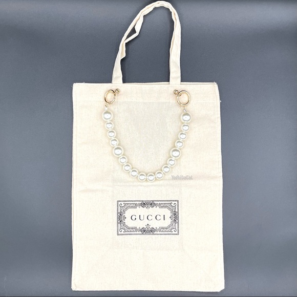 🆕 Gucci Canvas Shopping Tote Bag w/Accent Handle & Ribbon, New Handbag Purse - Picture 8 of 13